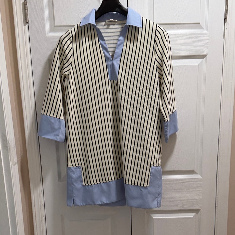 Entro Blue and White Striped Midi Dress